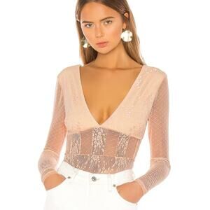 New REVOLVE x NBD Sheer Floral Lace Plunging Neck Bodysuit Peach Size Small